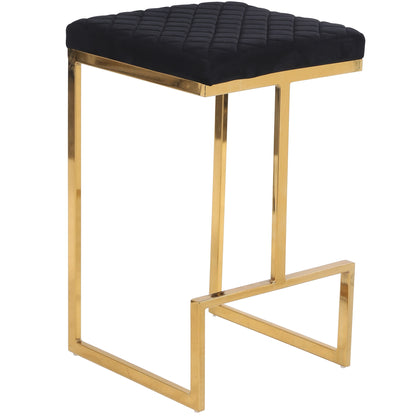 The Joel Mid Century Modern Luxury Upholstered Stool features a gold metal frame with clean lines and geometric shapes, a built-in footrest, and a black quilted cushion seat for contemporary elegance.