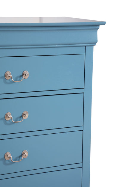 A close-up of the upper half of the Traditional Style Storage Chest Elegant, featuring blue wood, silver handles, four drawers, and decorative trim along the top edge.
