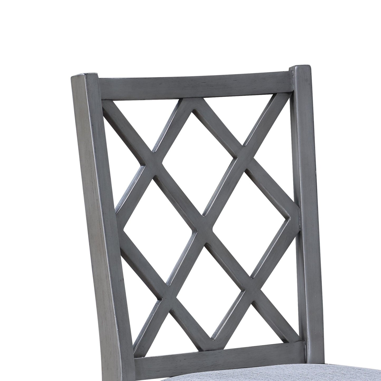 Close-up of the Carlisle - Cross Back Side Dining Chair's gray wooden diamond lattice backrest, partially visible against a plain white background.