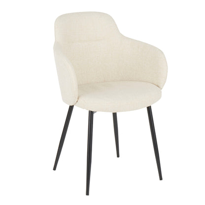 The Boyne - Industrial Chair features a cream-colored upholstered seat and backrest, curved armrests, and four slender black metal legs, presented against a white background.