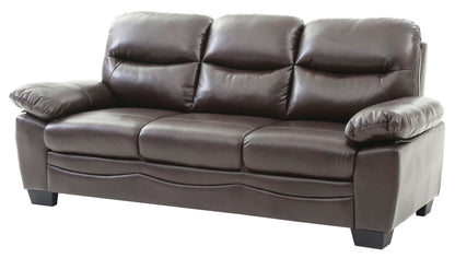 The Marta - Sofa is a dark brown leather sofa featuring three cushioned seats, wide armrests, and short black legs.