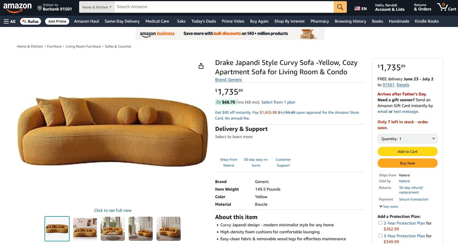 Screenshot of an Amazon product page for the "Drake - Japandi Style Curvy Boucle Sofa" in yellow, featuring two round cushions, multiple images, purchasing options, and a listed price of $1,735.