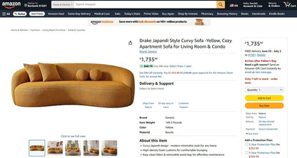 Screenshot of an Amazon product page for the "Drake - Japandi Style Curvy Boucle Sofa" in yellow, featuring two round cushions, multiple images, purchasing options, and a listed price of $1,735.
