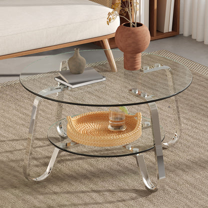 Retro Minimalist Style Metal Frame Double Layer Tempered Glass Coffee Table