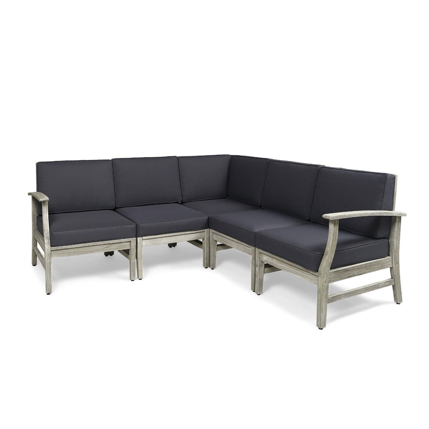 The Perla - 5 Pieces Sofa Set is a gray L-shaped outdoor sectional with a wooden frame, dark gray cushions, armrests on both ends, and seating for at least five people.