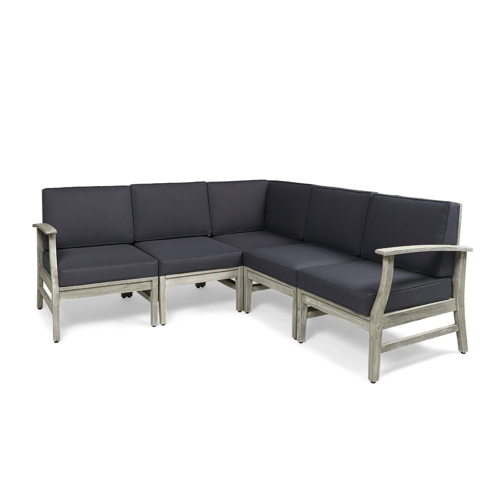 The Perla - 5 Pieces Sofa Set is a gray L-shaped outdoor sectional with a wooden frame, dark gray cushions, armrests on both ends, and seating for at least five people.