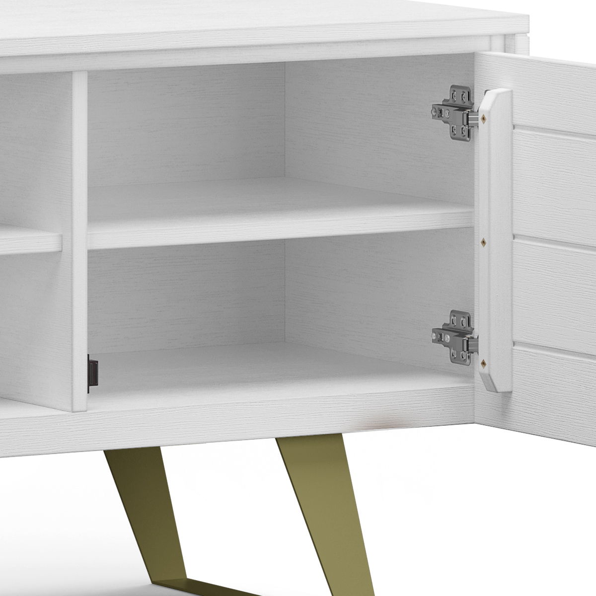 The Lowry Handcrafted TV Media Stand features a white wooden design with one open door showing two interior shelves, metal hinges, and stands on angled, gold-colored legs.