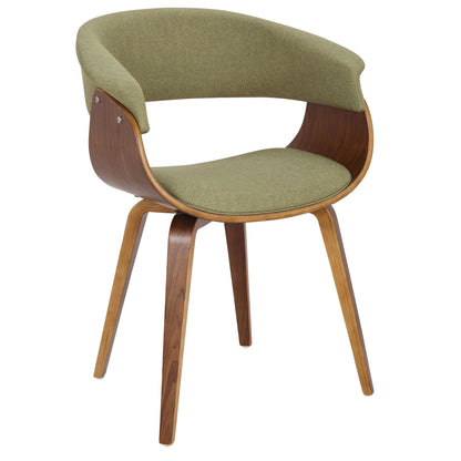 The Vintage Mod - Mid Century Modern Dining Chair (Set of 2) features a curved wooden frame, green upholstered seat and backrest, four angled wooden legs, an open back, and smooth, rounded edges for a stylish modern look.