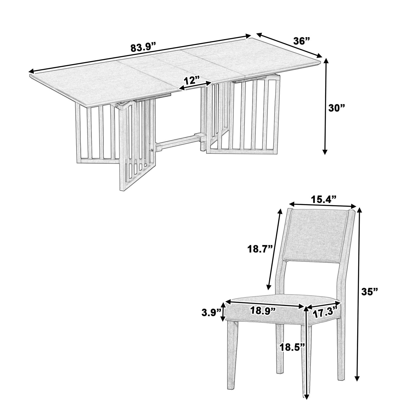 A line drawing of the Topmax 9 Piece Farmhouse Extendable Dining Table Set shows measurements: Table—83.9"L x 36"W x 30"H with two 12" leaves; Chair—35"H, seat 18.9"W x 18.5"D, seat back 18.7"H x 15.4"W, seat height 17.3", legs spaced at 3.9".