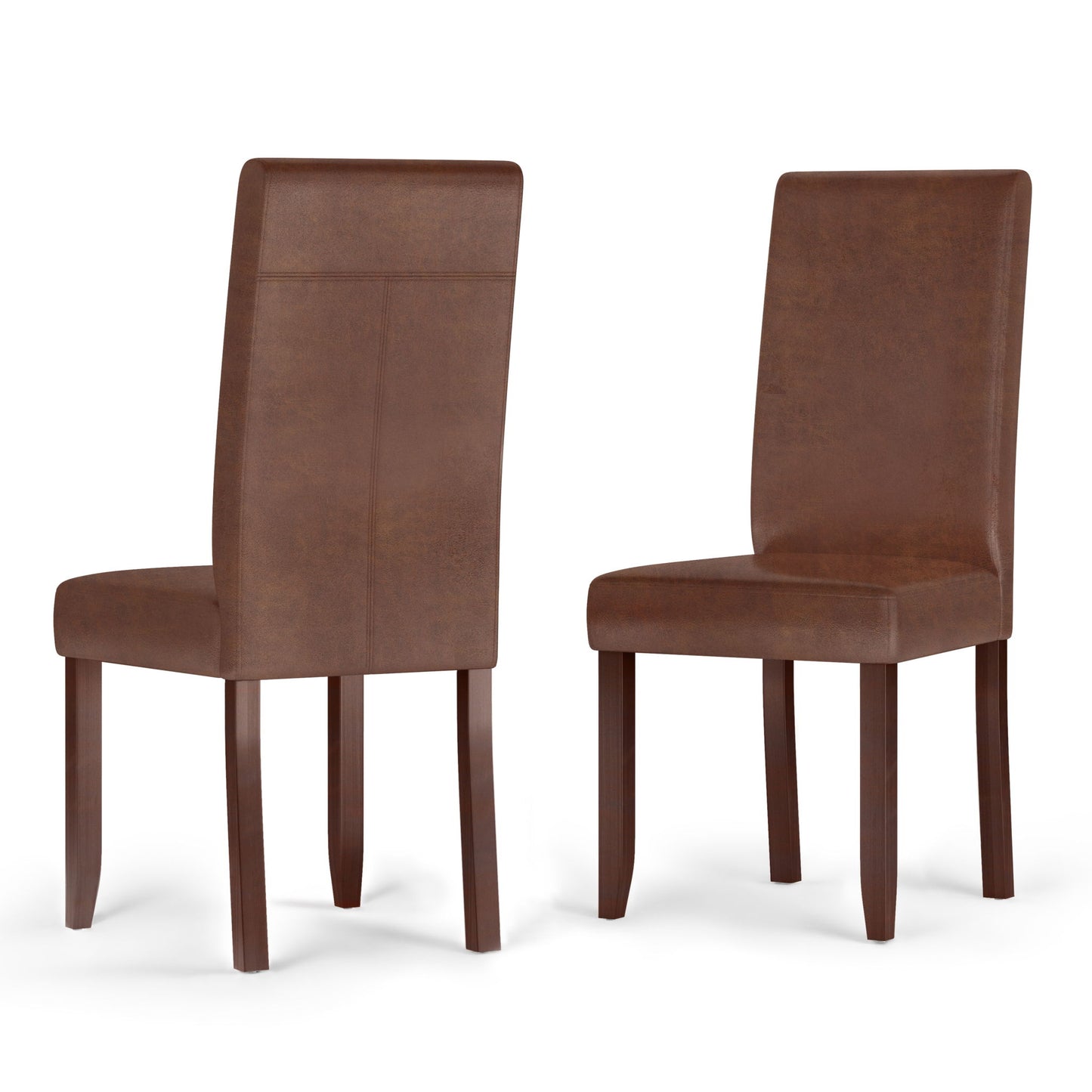 The image displays the Acadian - Upholstered Parson Dining Chair (Set of 2) in brown with wooden legs. One chair faces forward on a white background, while the other is angled to show its back and side view.
