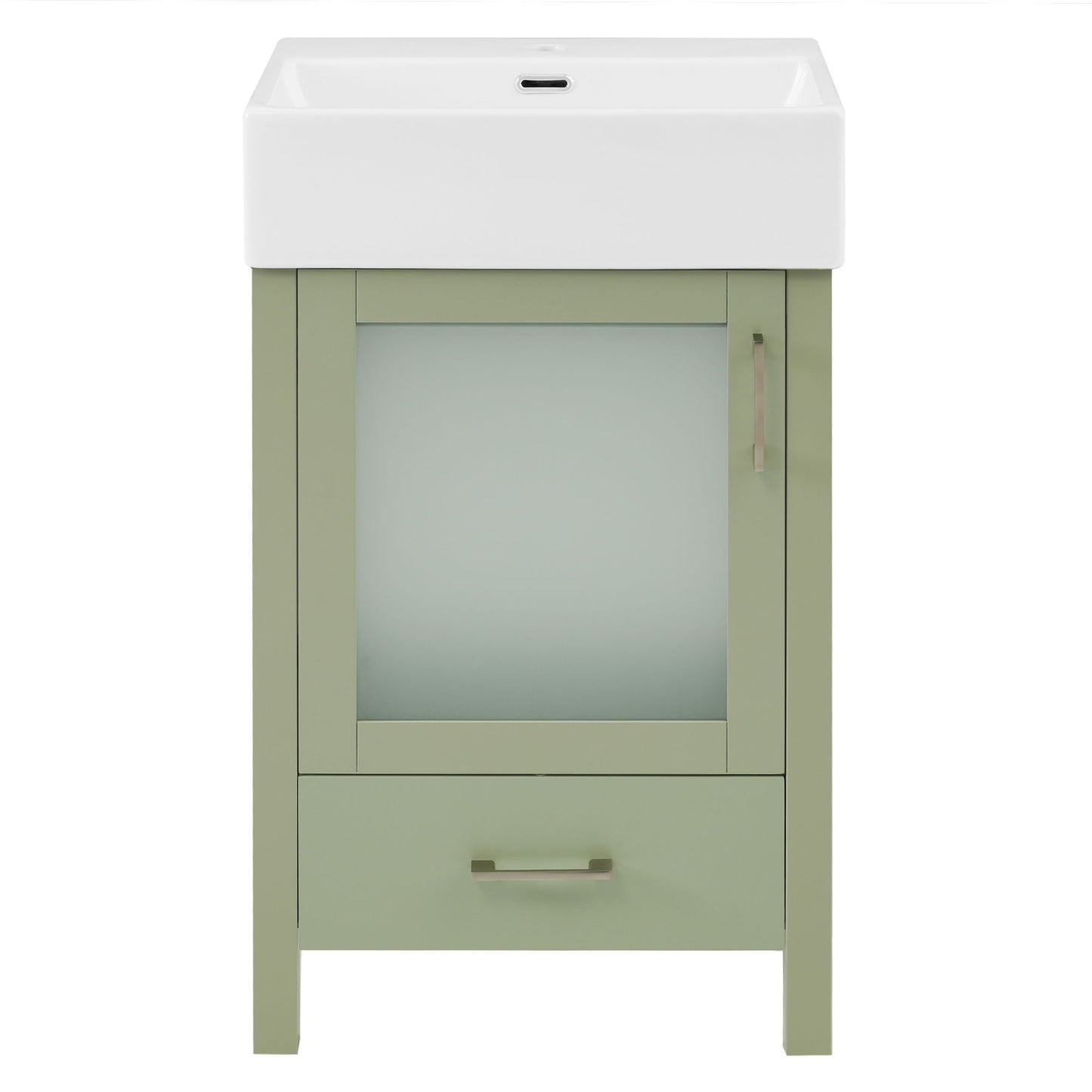 The Bathroom Vanity With Ceramic Sink And Ample Storage, Ideal For Small Bathrooms, features a sage green finish, white rectangular ceramic sink, frosted glass cabinet door with metal handle, lower drawer, and is pictured on a white background.