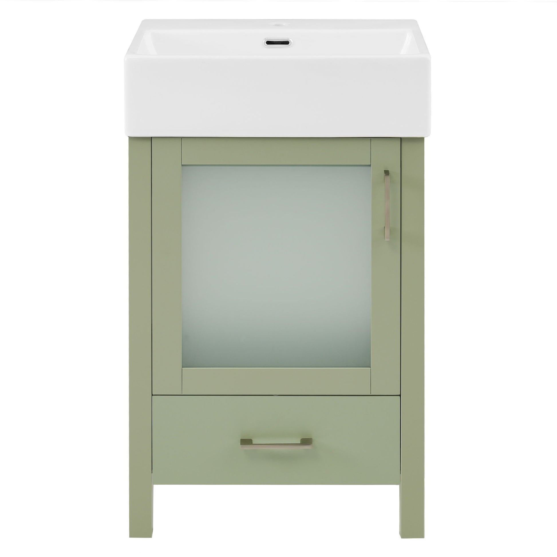 The Bathroom Vanity With Ceramic Sink And Ample Storage, Ideal For Small Bathrooms, features a sage green finish, white rectangular ceramic sink, frosted glass cabinet door with metal handle, lower drawer, and is pictured on a white background.