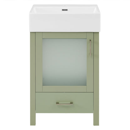 The Bathroom Vanity With Ceramic Sink And Ample Storage, Ideal For Small Bathrooms, features a sage green finish, white rectangular ceramic sink, frosted glass cabinet door with metal handle, lower drawer, and is pictured on a white background.