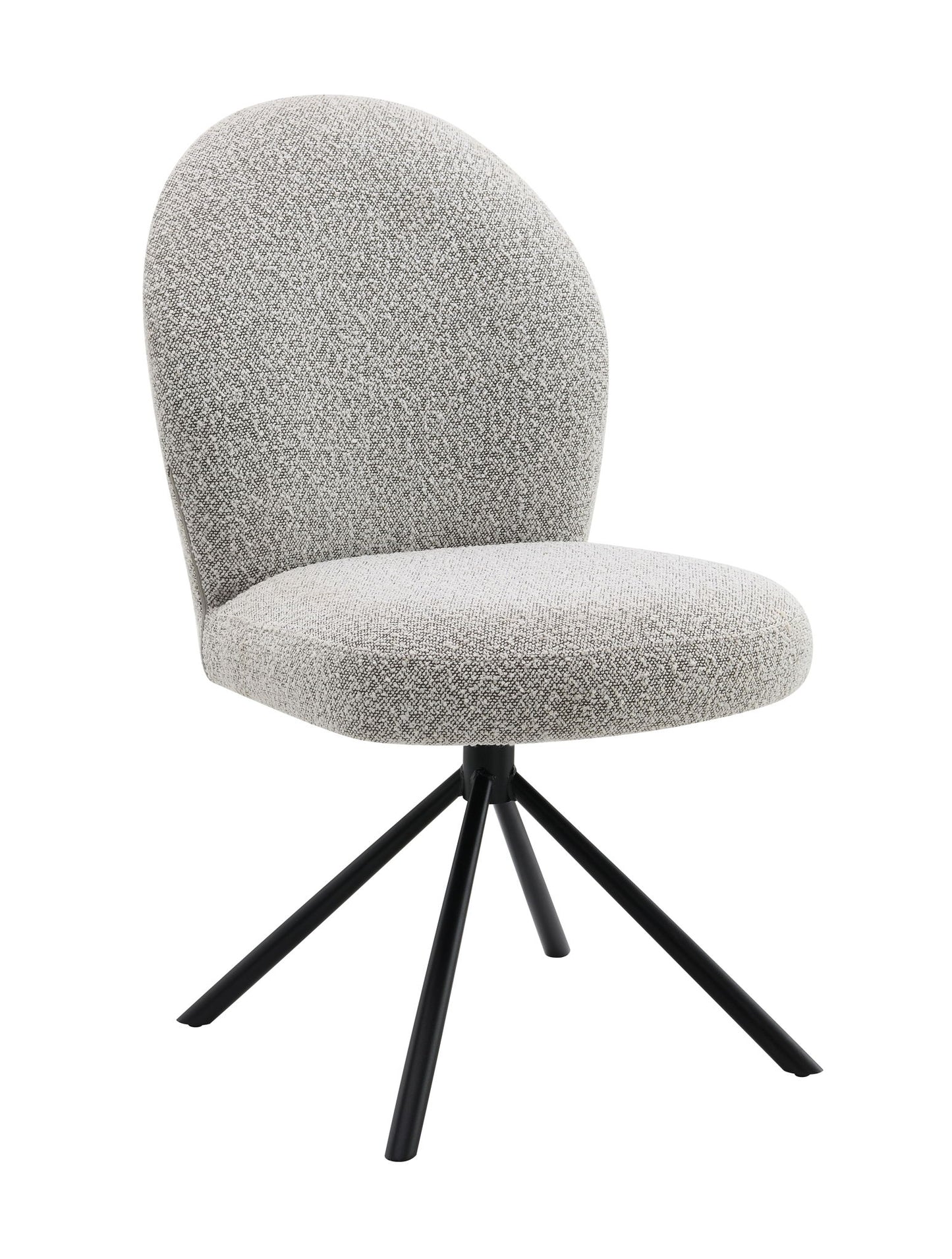 The Lawton Boucle Side Chair Set includes two modern gray upholstered chairs with rounded backs and seats, featuring four slender black metal legs splayed outward and a convenient swivel function.