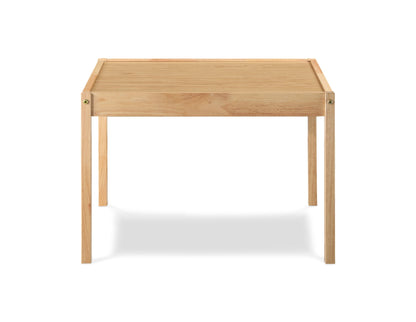 The Della - 3 Piece Solid Wood Kids Table & Two Chair Set in Natural features a simple rectangular table with four straight legs and a raised tabletop edge, shown against a white background.