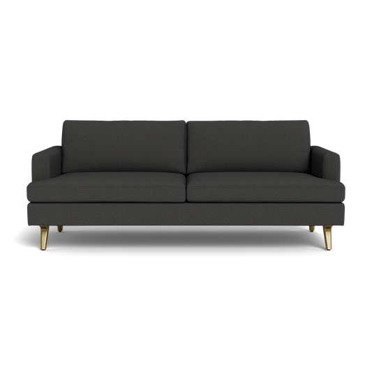 The Lido Sofa 75" features a modern dark gray design with two seat cushions, two back cushions, straight armrests, and four tapered gold legs, displayed against a black background.