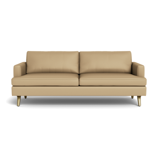The Lido Sofa 75" is a modern beige sofa featuring two large seat cushions, two backrest cushions, narrow armrests, and four gold legs, shown from the front against a plain background.