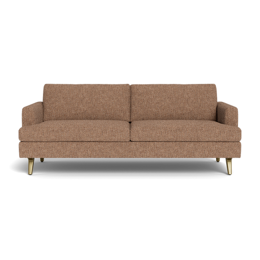 The Lido Sofa 75" features a modern brown fabric design with two seat and back cushions, low arms, and four angled gold legs, displayed against a black background.