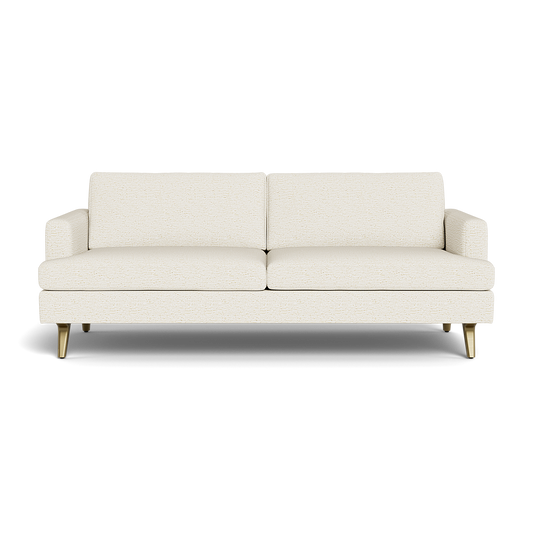 The Lido Sofa 75" is a modern, cream-colored piece with two seat and back cushions, straight arms, and wooden legs, displayed against a black background.