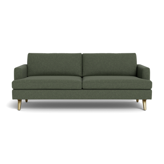 The Lido Sofa 75" features a modern design with dark green upholstery, two seat and back cushions, low square arms, and wooden legs, shown from the front against a plain black background.