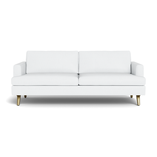 The Lido Sofa 75" is a modern white upholstered sofa with two seat cushions, two back cushions, and short wooden legs, shown against a black background.