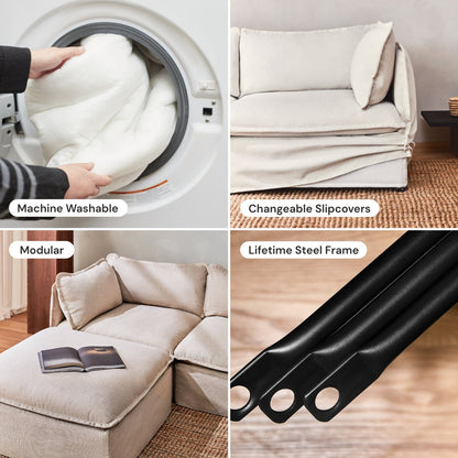 A collage showcasing the Modular Performance 2-Seater with Sink-in Comfort Cushion, featuring beige slipcovers. Top left: a washing machine with a cushion labeled "Machine Washable." Top right: the sofa with an "Interchangeable Slipcovers" label. Bottom left: the sofa along with an ottoman labeled "Modular Design." Bottom right: a "Lifetime Steel Frame" label.
