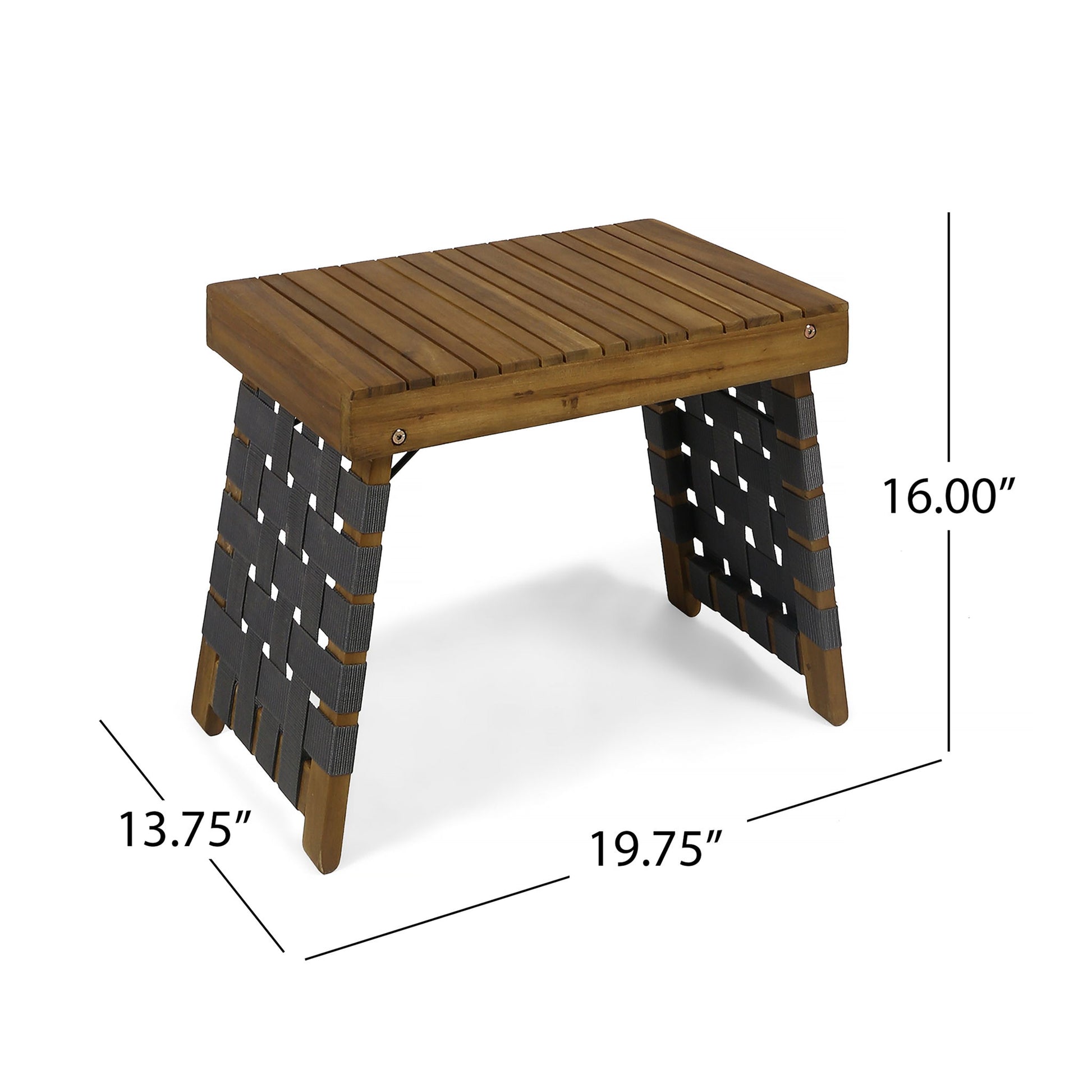 The Outdoor Wooden Foldable Side Table - Teak features a slatted top, angled legs wrapped in black webbing, and measures 19.75" wide by 13.75" deep by 16" high.