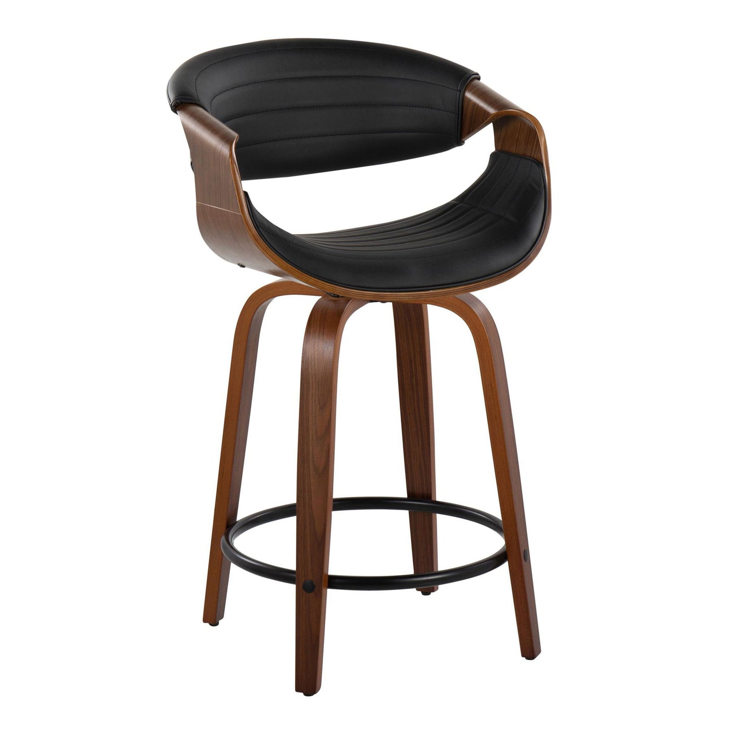 The Symphony Mid Century Modern Fixed Height Counter Stool features curved wooden legs, a round metal footrest, swivel function, and a rounded backrest. The seat and back are upholstered in black faux leather with horizontal stitching. Set of 2.