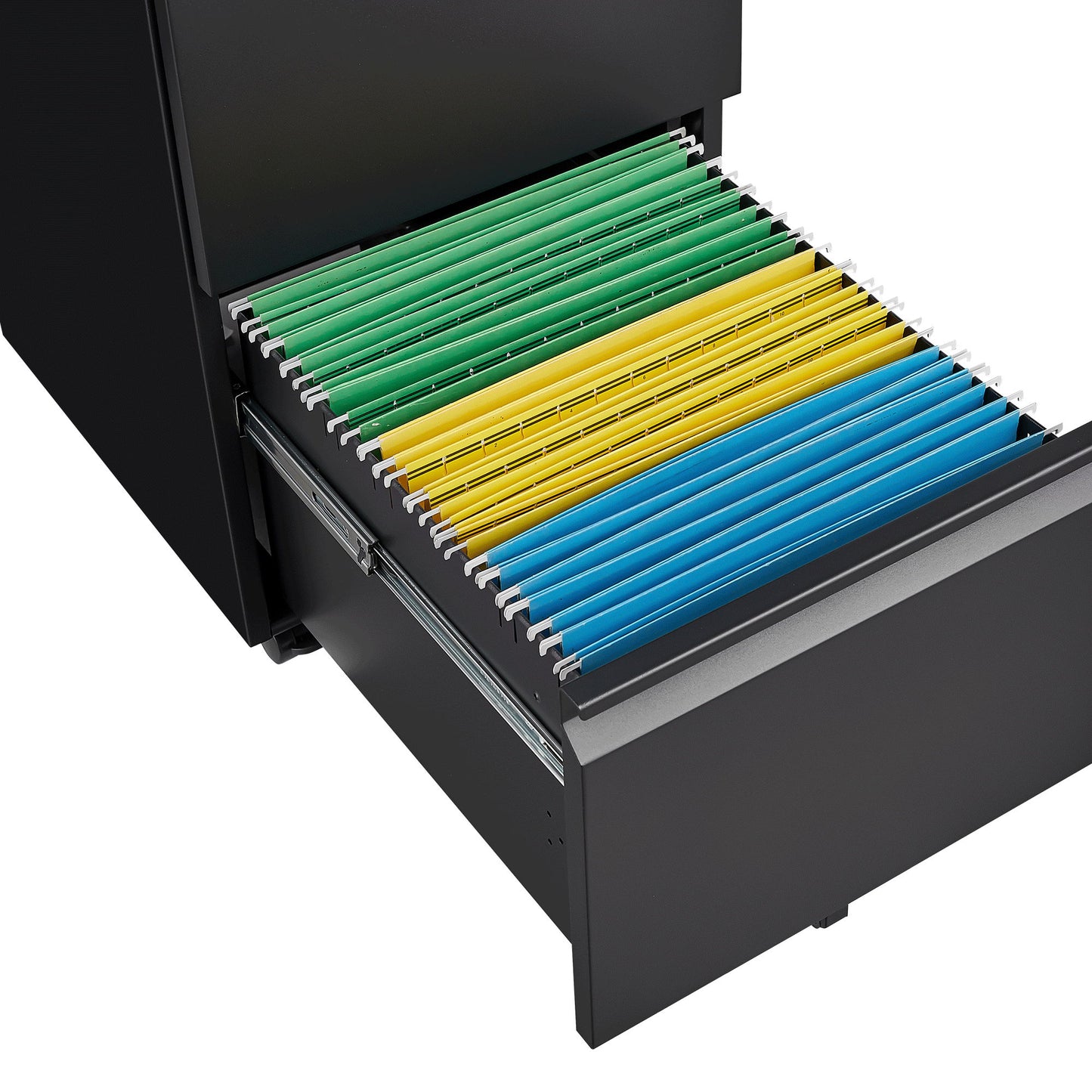 An open 2 Drawer File Cabinet With Lock reveals organized green, yellow, and blue hanging folders; this metal under desk mobile cabinet fits letter, legal, or A4 sizes and is ideal for home office use.