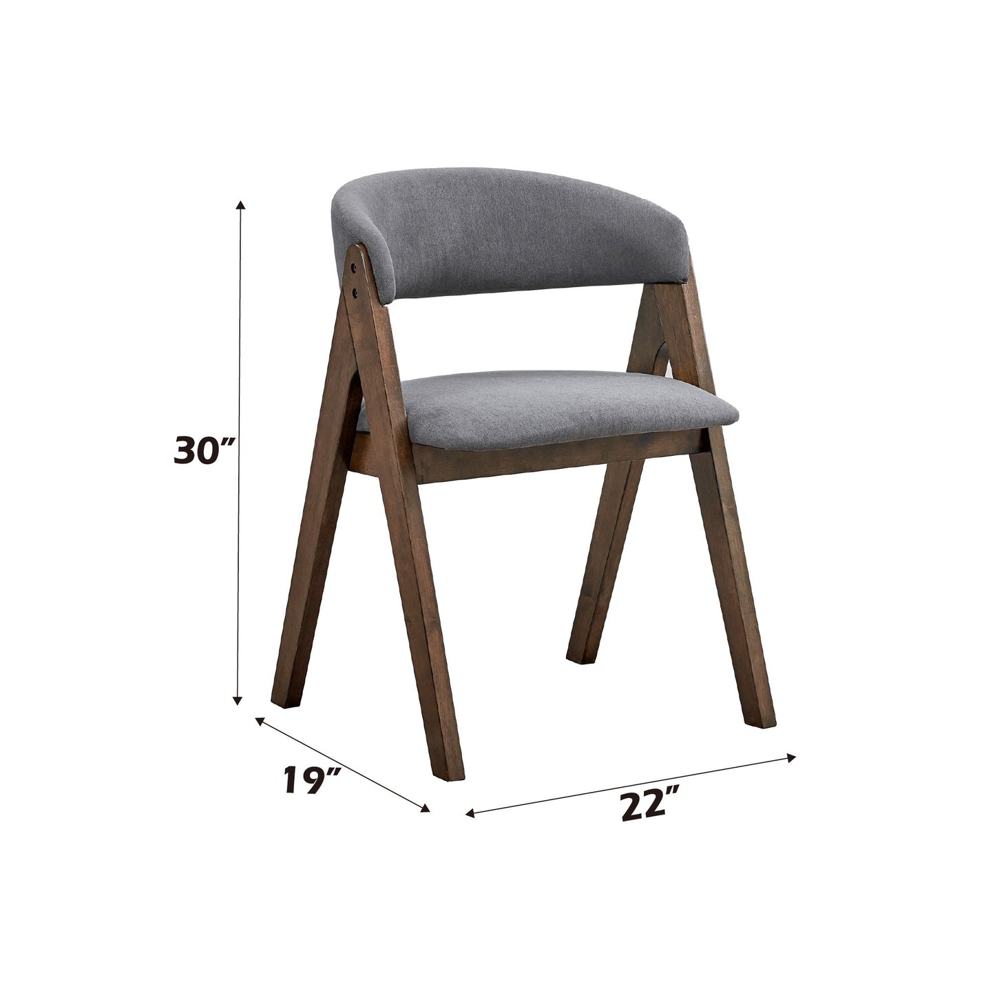 The Keiki Side Chair (Set of 2) in gray features a modern wooden frame, cushioned seat and backrest, angled legs, and minimalist style. Dimensions: 30"H x 22"W x 19"D.