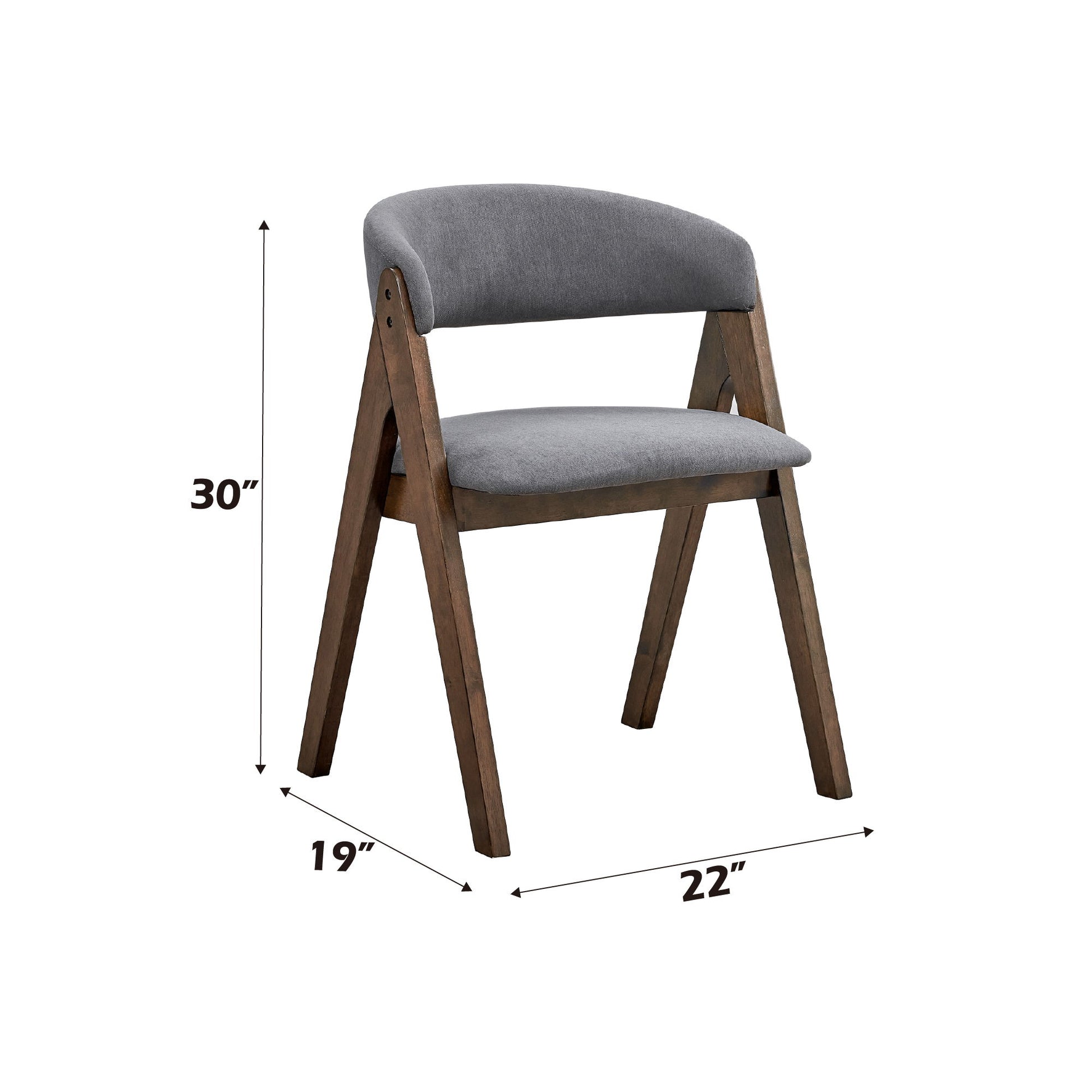 The Keiki Side Chair (Set of 2) in gray features a modern wooden frame, cushioned seat and backrest, angled legs, and minimalist style. Dimensions: 30"H x 22"W x 19"D.