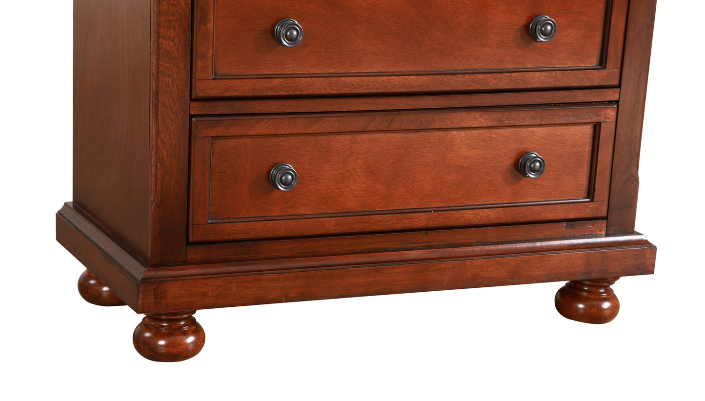Bottom portion of the Meade Chest in cherry finish, featuring two drawers with dark round knobs, rounded feet, and a polished brown look.
