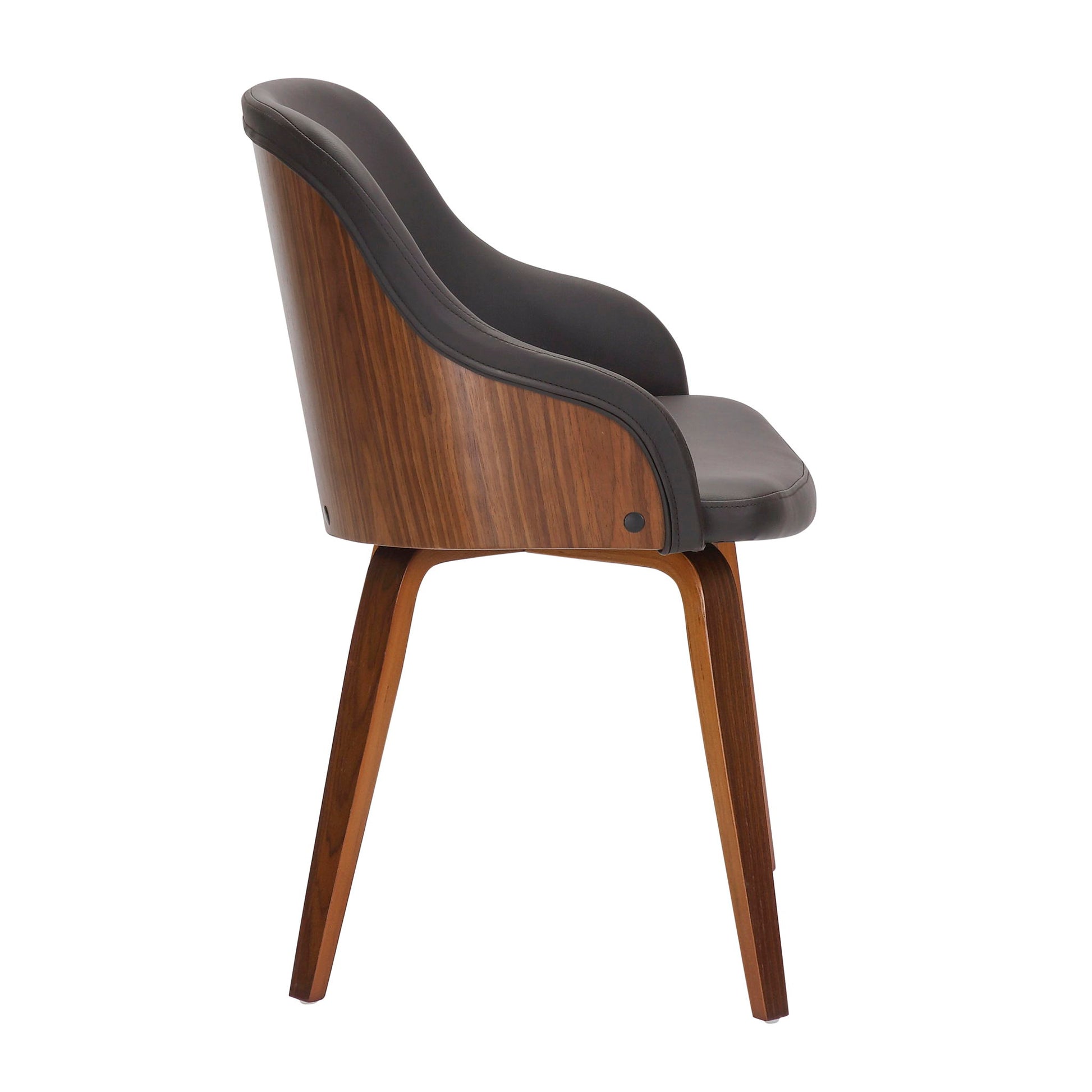 A side view of the Bacci Mid Century Modern Dining Chair, featuring a curved wooden frame, angled legs, and black cushioned seat and backrest.