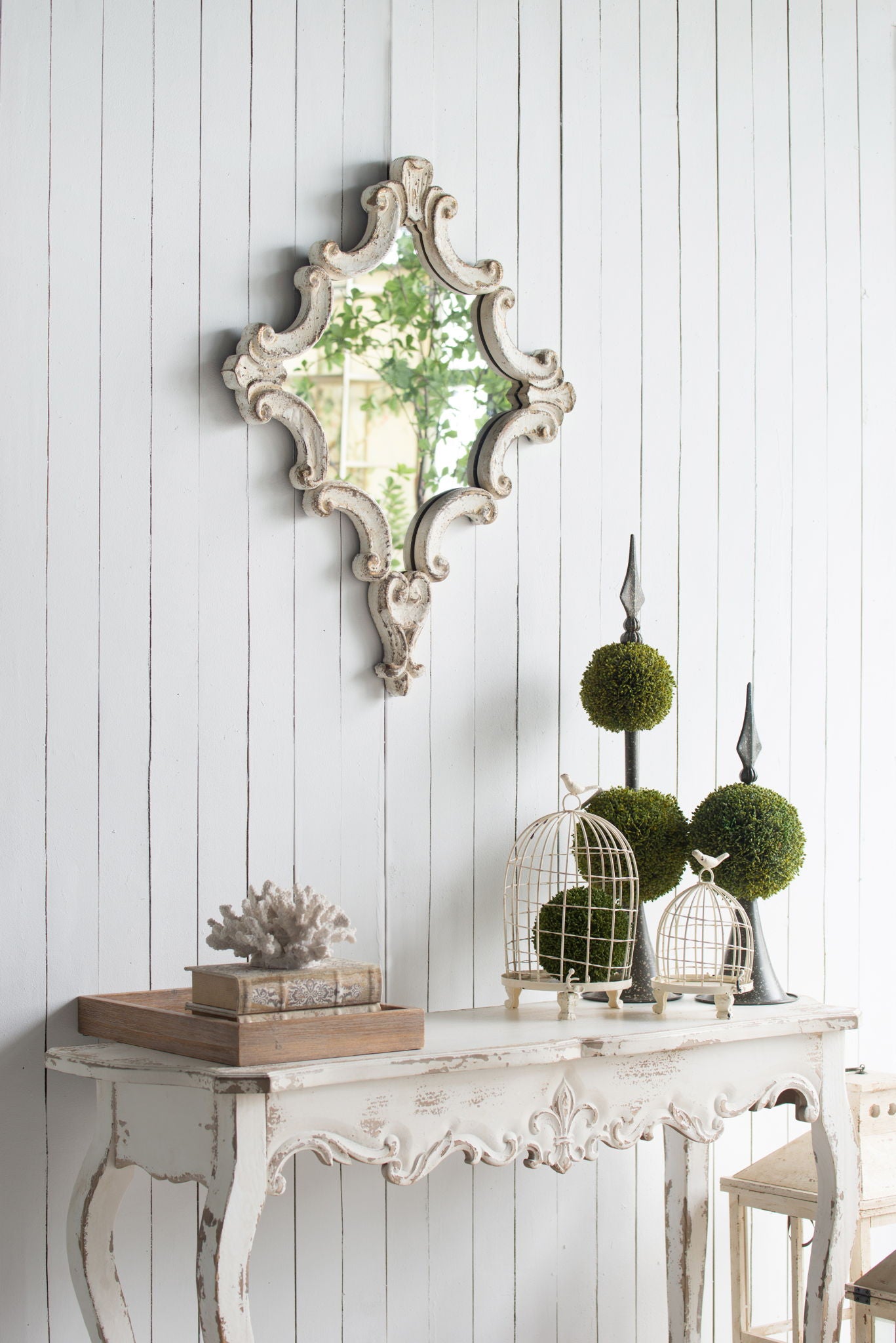 A Slimline wash Console Table in White Washed finish displays stacked books, a coral ornament, and two birdcages with moss topiaries. An ornate mirror hangs above on a white paneled wall.