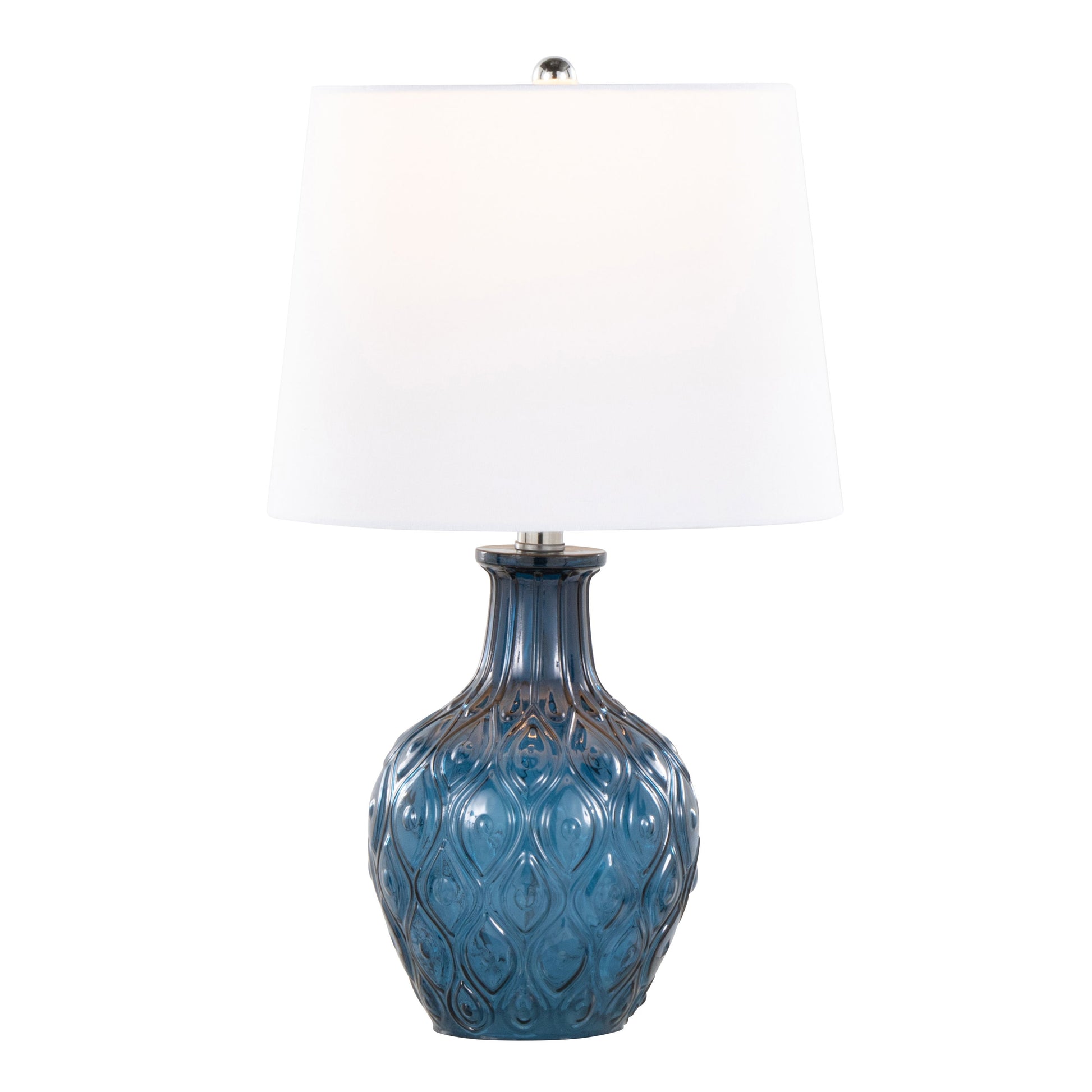 The Gloria set of two round contemporary lamps features blue ceramic bases with elegant diamond patterns and wide white fabric shades, offering a stylish and classic addition to home decor.