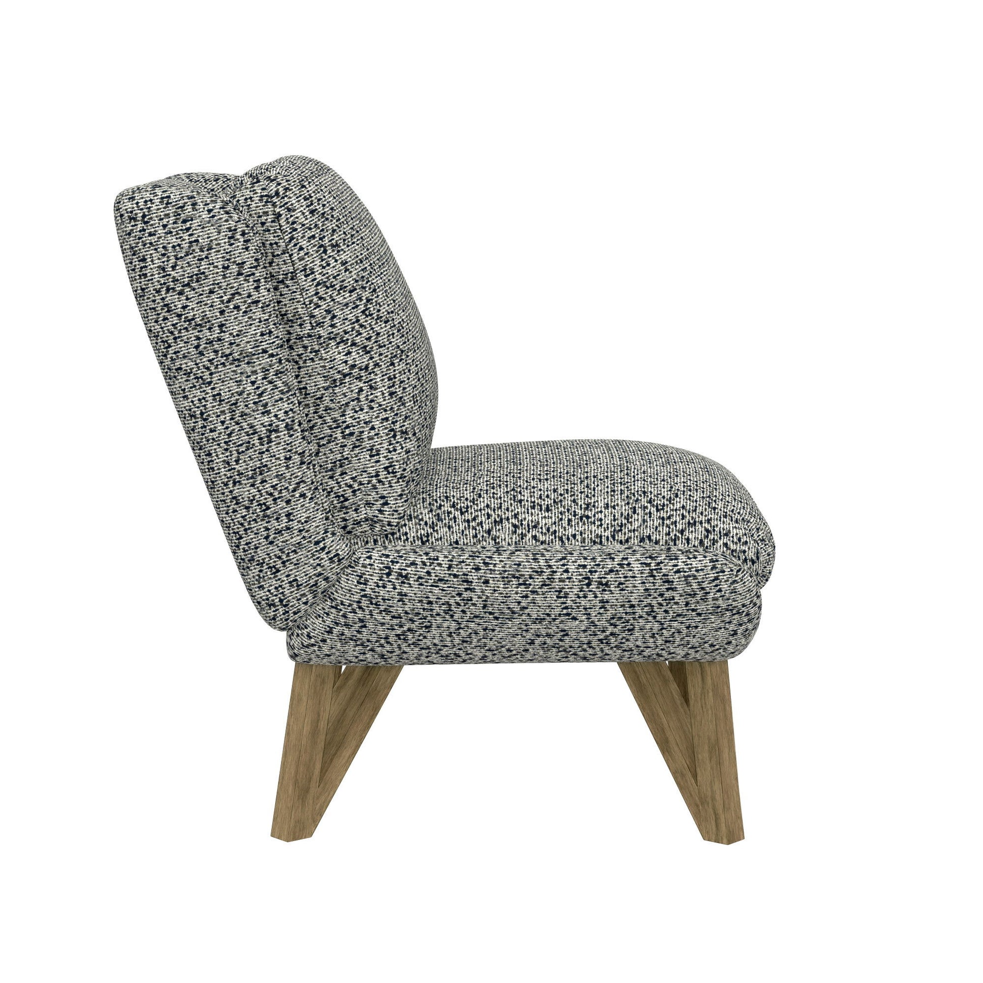 Emerse armless accent chair in blue, featuring a slightly angled backrest and light wooden legs, displayed in profile view against a plain white background.