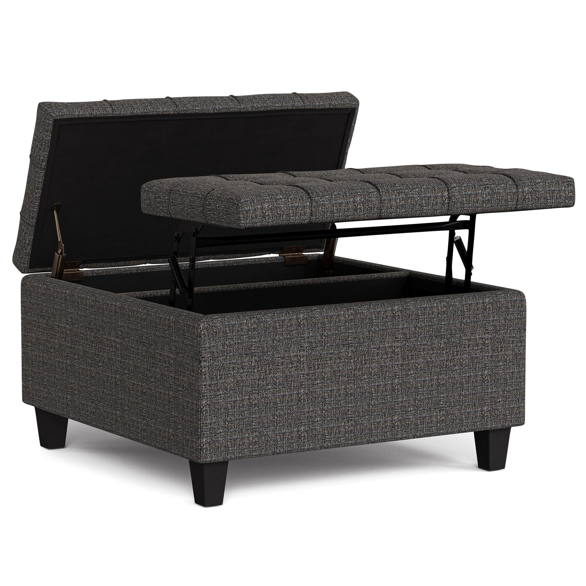 The Harrison Upholstered Coffee Table Storage Ottoman features a square shape, dark gray fabric, tufted top, hinged lid for storage access, and short black legs.