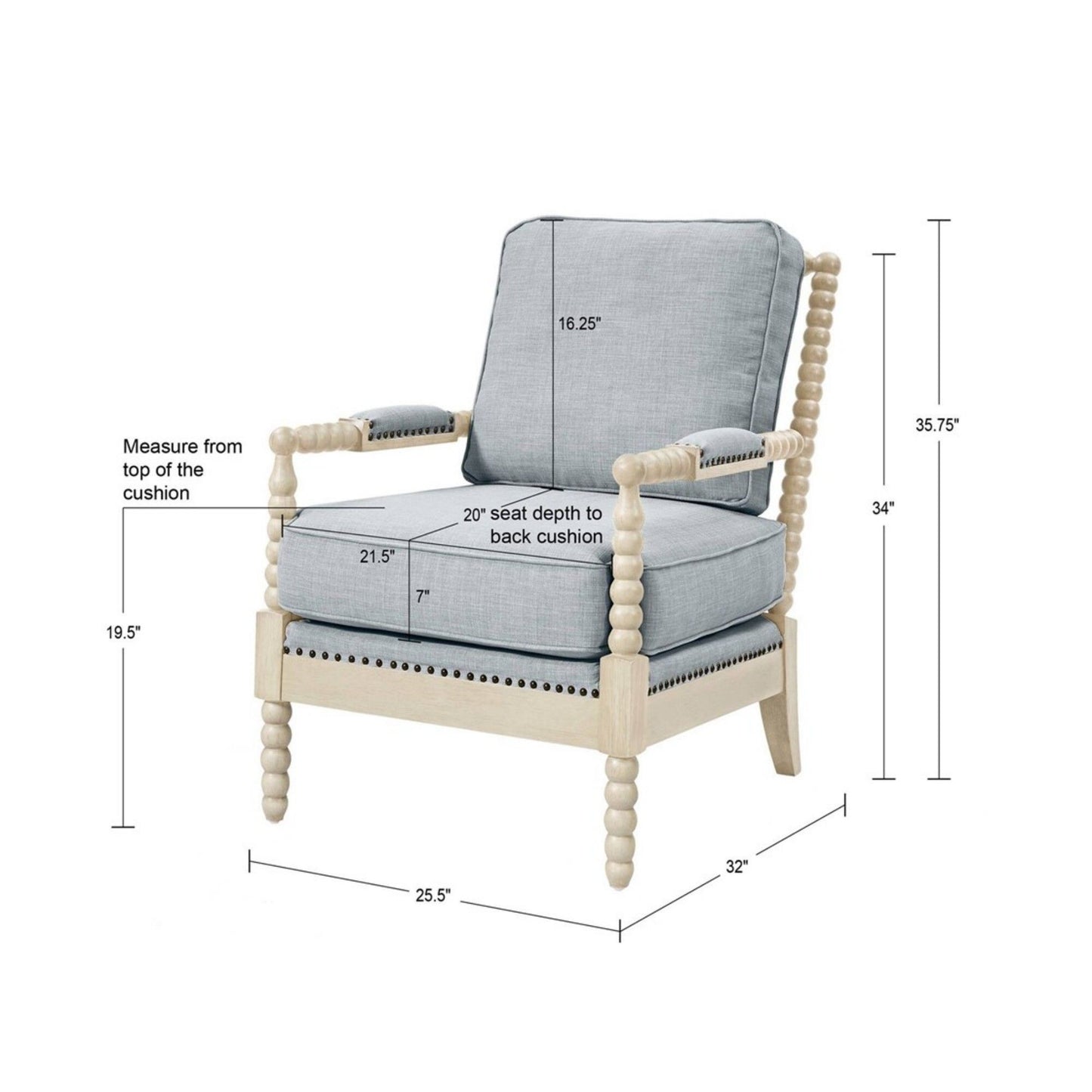 Light gray Arm Chair With Open Back Spindle Design features padded armrests, spindle detailing, and a light wood frame; labeled dimensions show seat and cushion heights, seat depth, and overall chair size in inches.