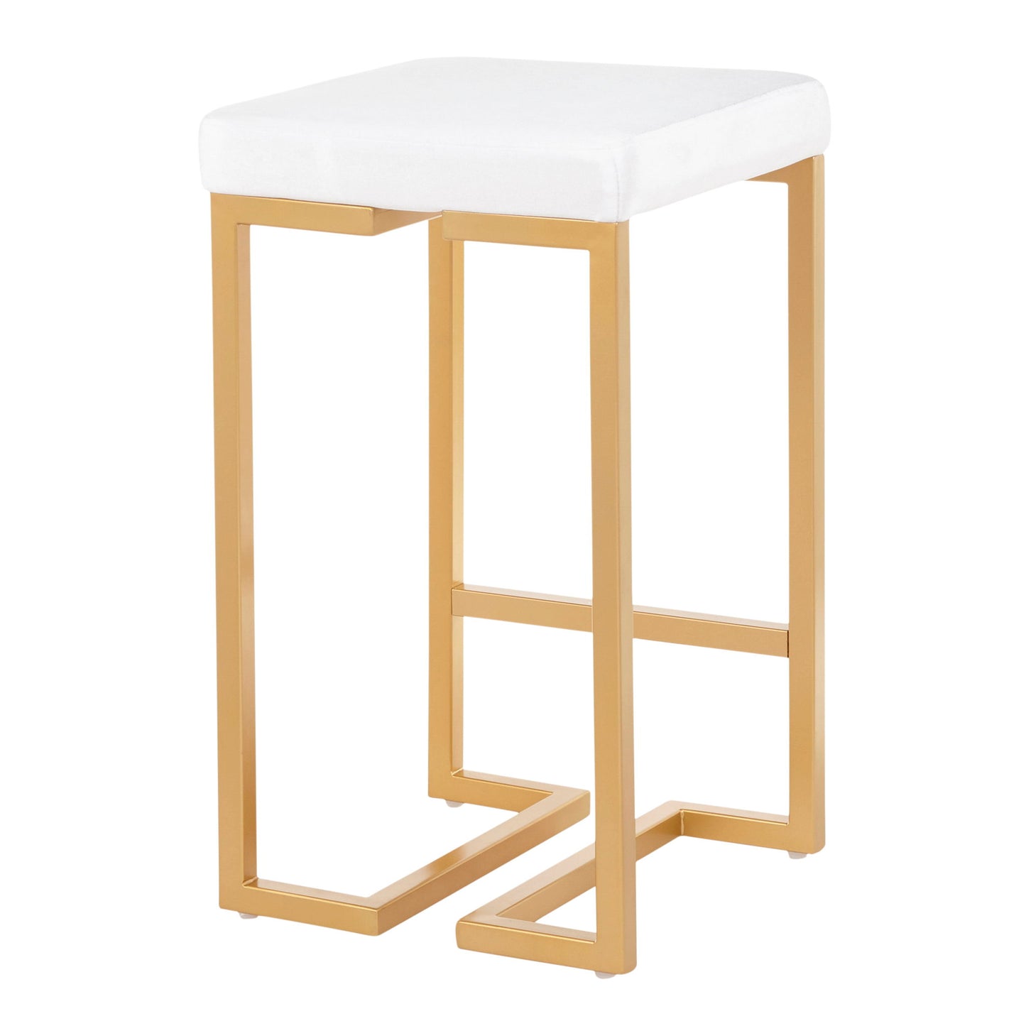 The Midas - Contemporary / Glam Counter Stool (Set of 2) features a white cushioned square seat and gold metal geometric legs in a minimalist open-frame design.