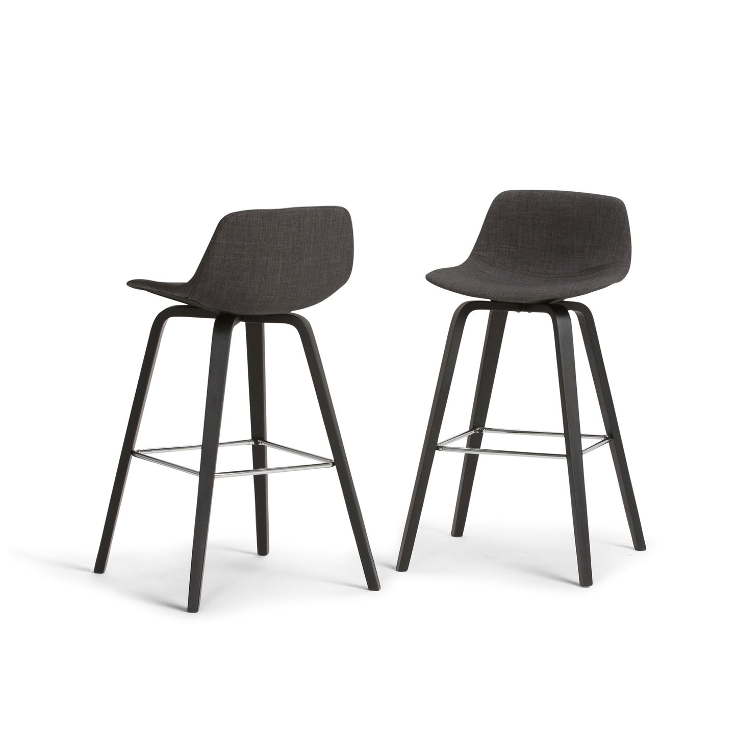 The Randolph Bentwood Counter/Bar Height Stool set includes two modern black stools with curved seats, low backrests, four angled legs each, and metal footrests, displayed side by side on a white background.