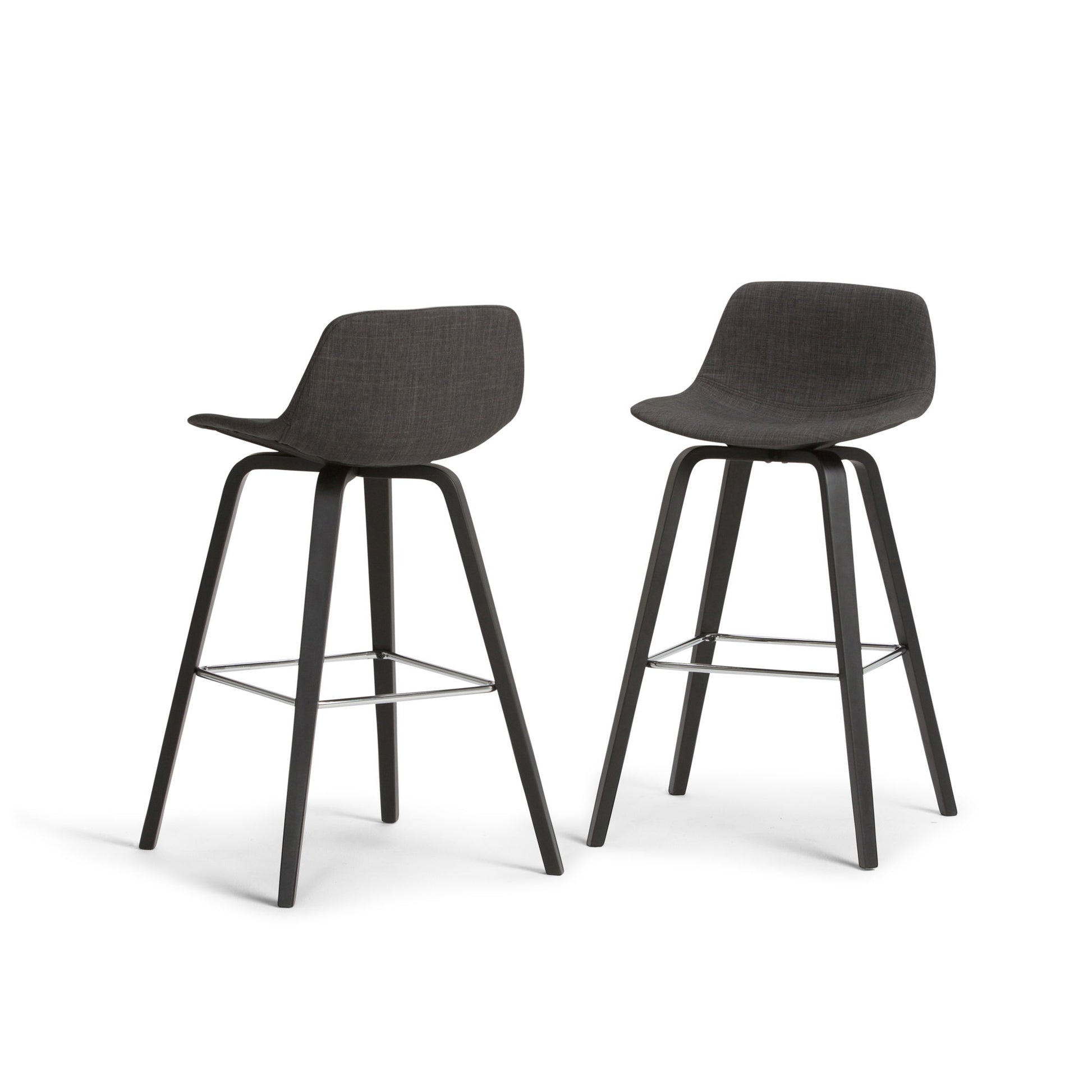 The Randolph Bentwood Counter/Bar Height Stool set includes two modern black stools with curved seats, low backrests, four angled legs each, and metal footrests, displayed side by side on a white background.