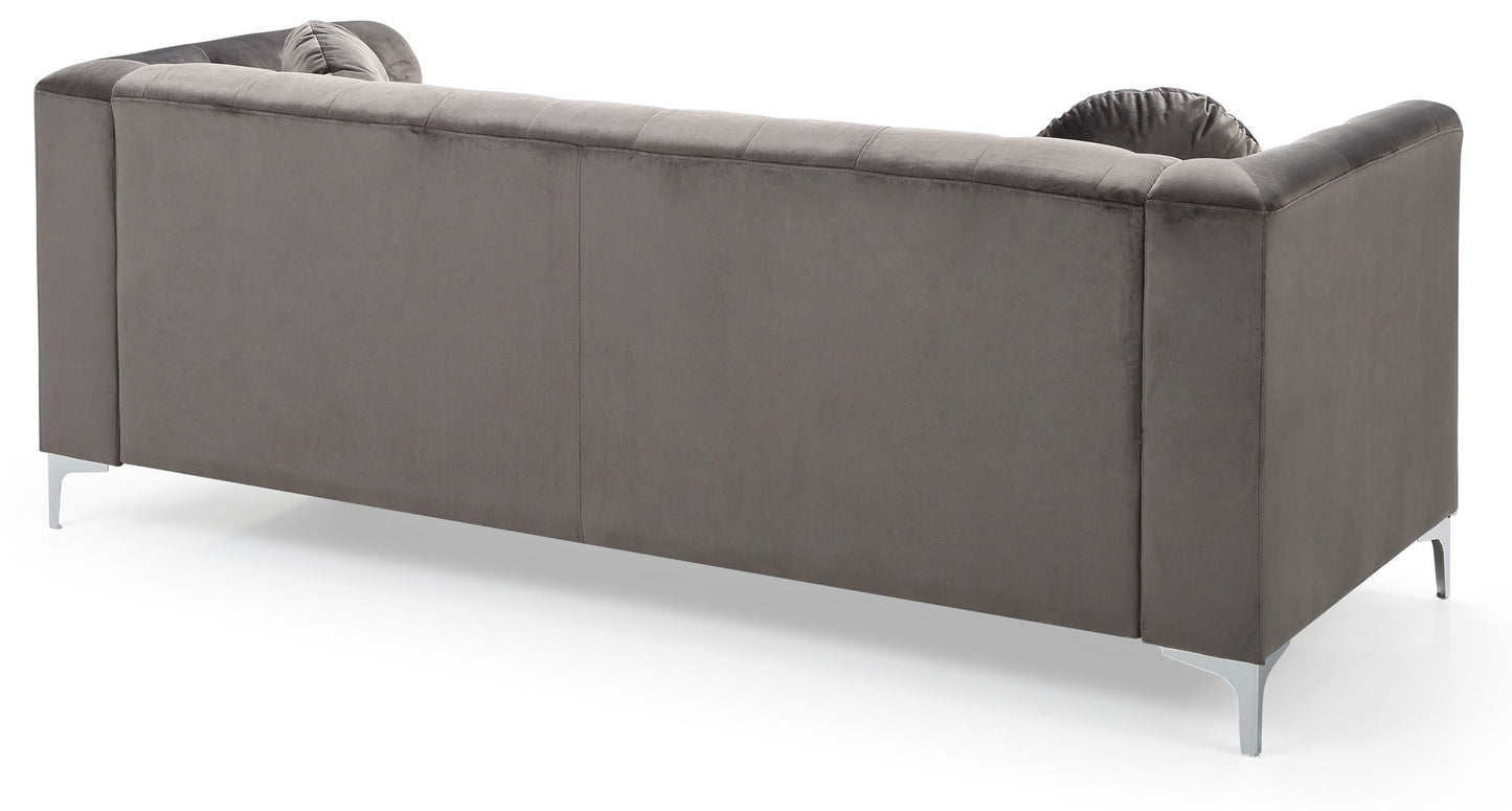 The Elegant Contemporary Sofa features a modern gray design with a tufted backrest, metal legs, and two round cushions, shown from behind against a white background.