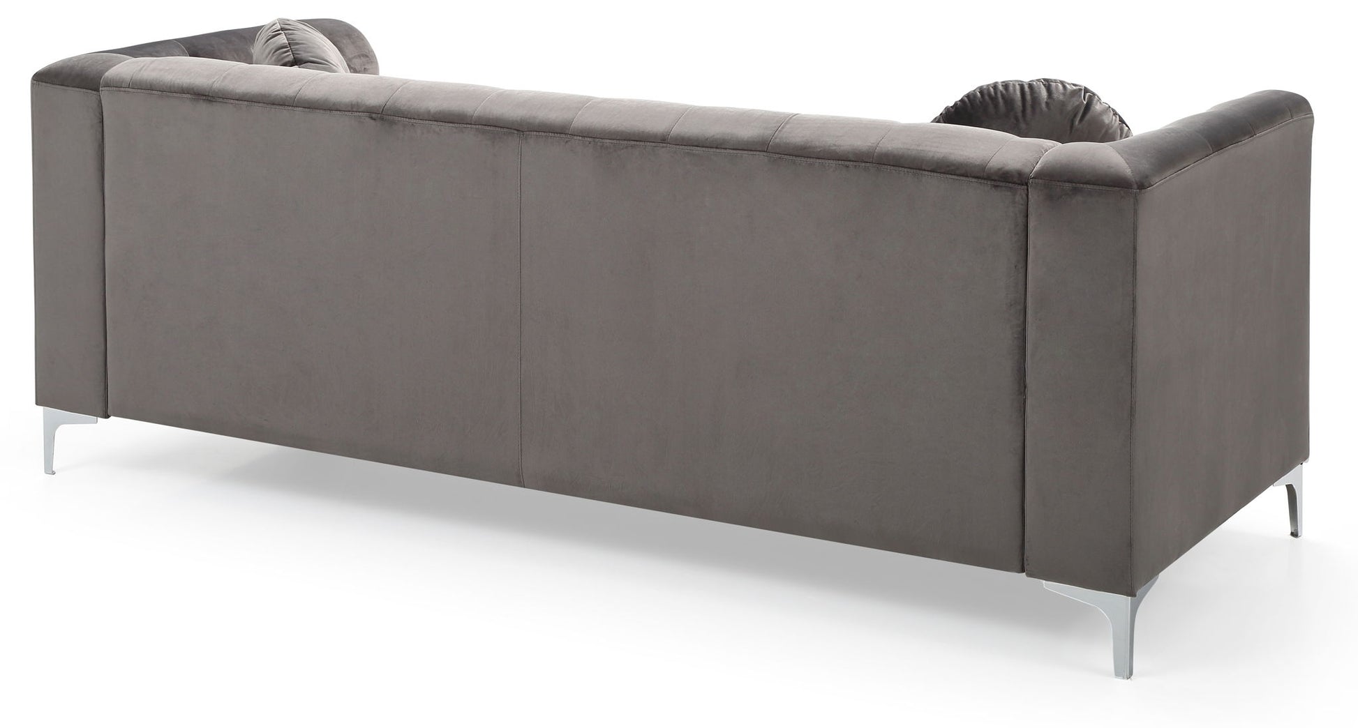 The Elegant Contemporary Sofa features a modern gray design with a tufted backrest, metal legs, and two round cushions, shown from behind against a white background.