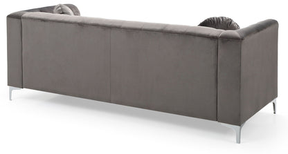 The Elegant Contemporary Sofa features a modern gray design with a tufted backrest, metal legs, and two round cushions, shown from behind against a white background.