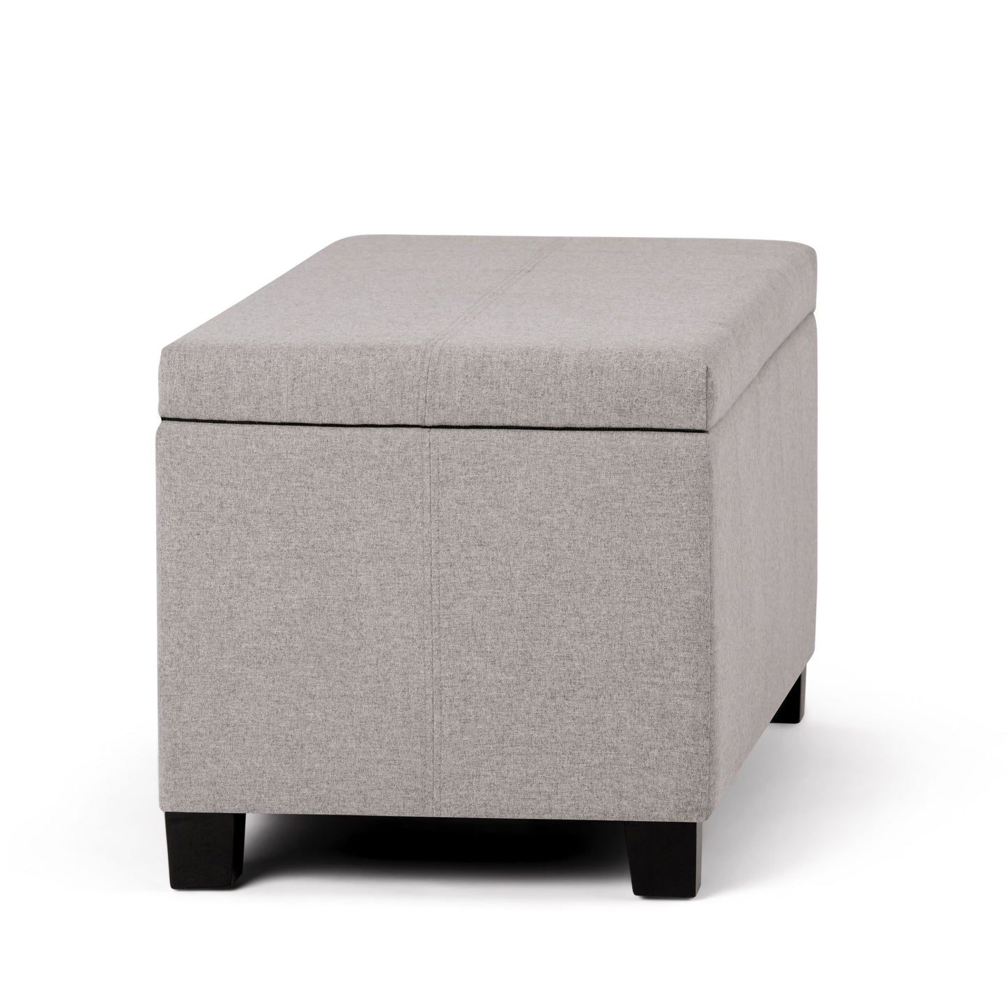 The Dover - Upholstered Storage Ottoman Bench features a rectangular design in light gray fabric with short black legs, displayed against a white background.