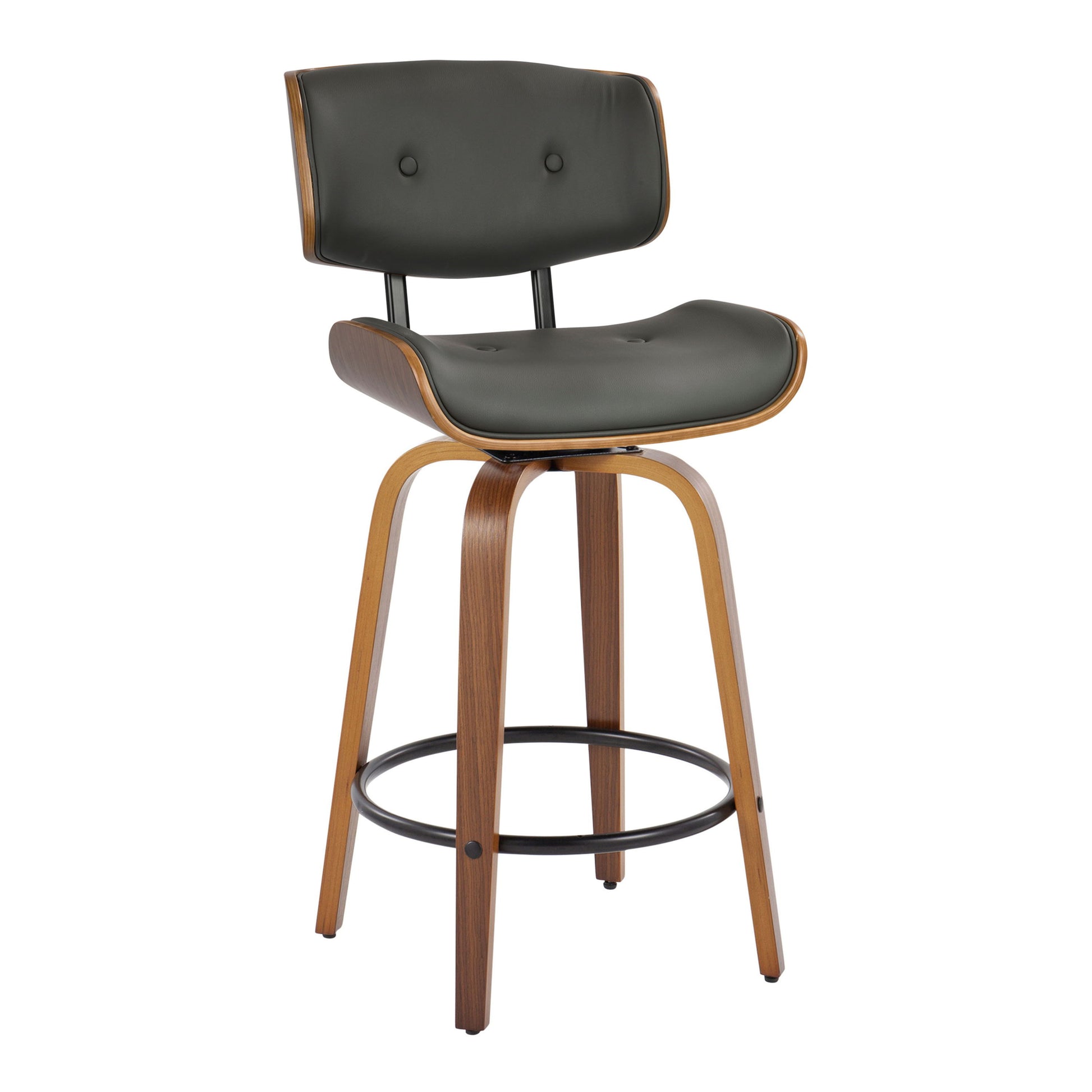 The Lombardi set includes two mid-century modern counter stools featuring a curved wooden frame, dark green padded seat and backrest, and a circular black metal footrest, combining sleek lines with comfort.