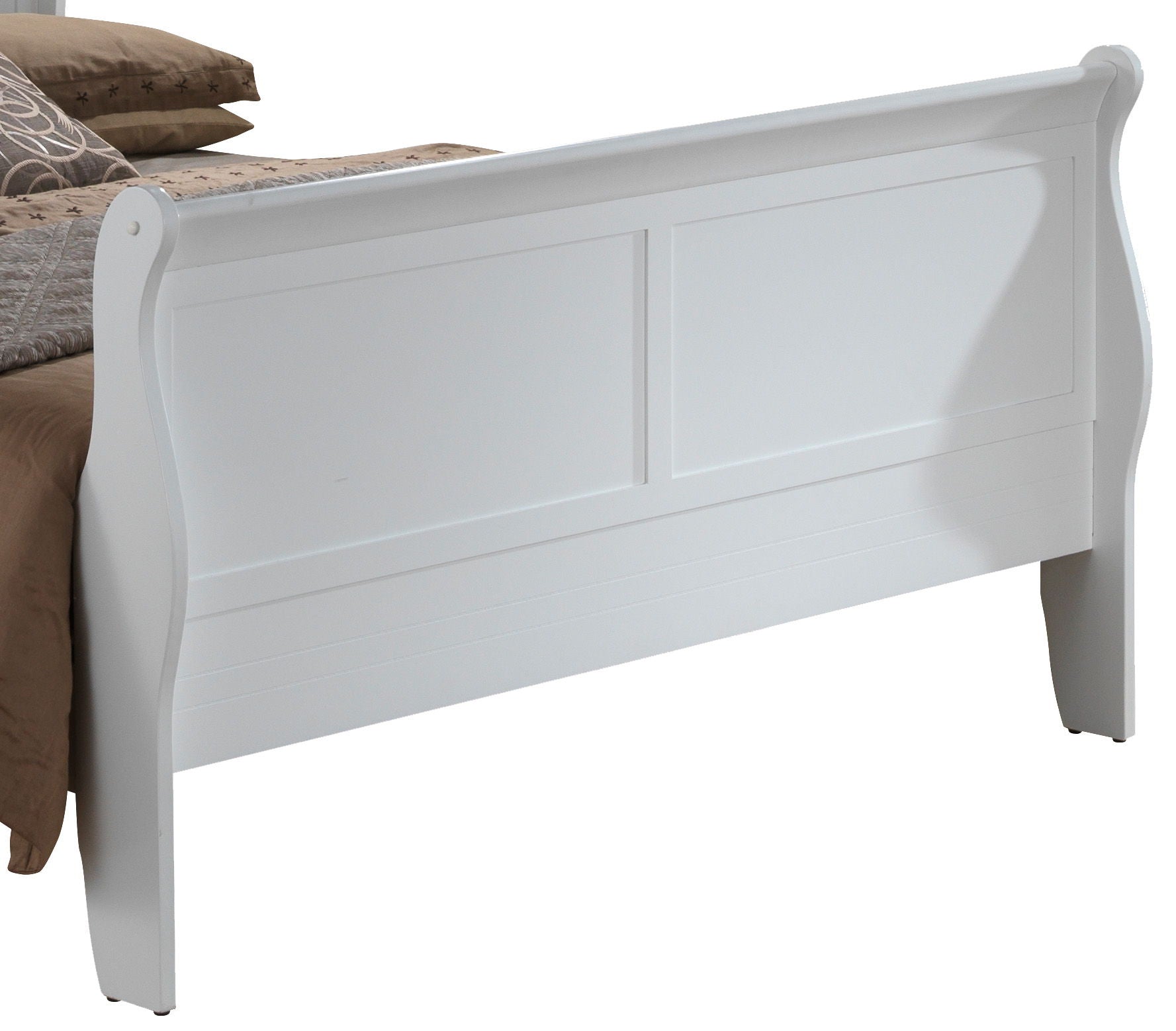 The Panel Sleigh Bed features a white wooden sleigh-style footboard with clean lines and panel detailing, shown partially attached to a bed with brown and beige bedding.