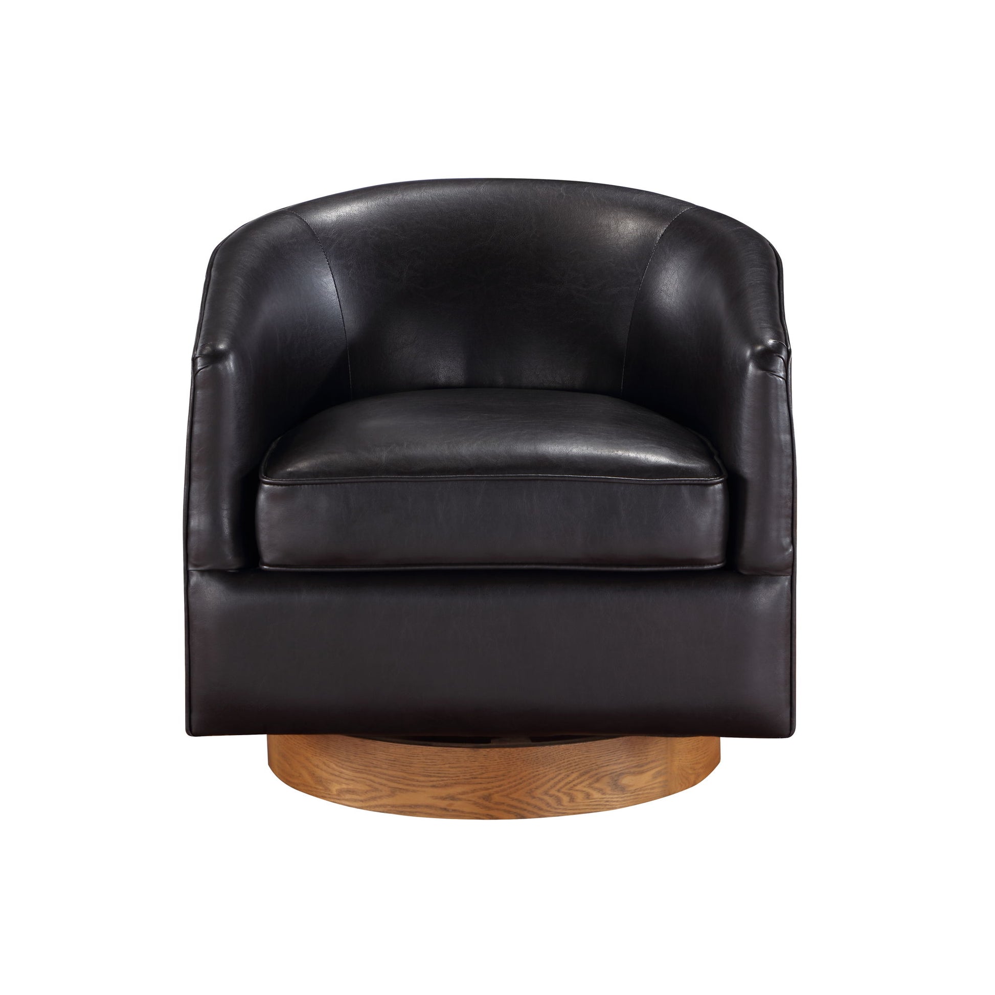The Maisy - Barrel Swivel Chair is a black leather chair with a curved backrest and wide seat cushion, set on a light wood swivel base. Photographed against a white background.