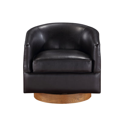 The Maisy - Barrel Swivel Chair is a black leather chair with a curved backrest and wide seat cushion, set on a light wood swivel base. Photographed against a white background.