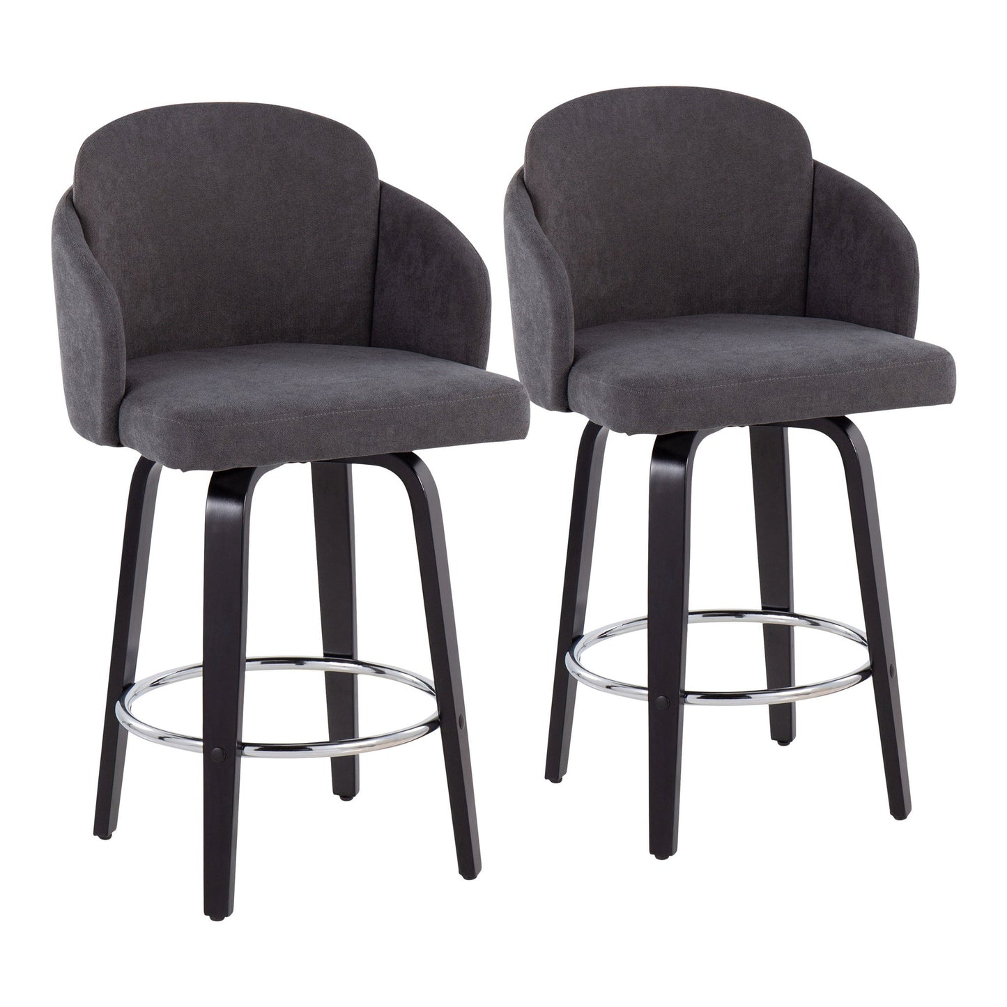 Set of 2 Dahlia Contemporary Counter Stools featuring dark gray cushioned seats, curved backs, black wooden legs, and chrome round footrests for a modern, comfortable touch.